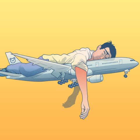 visual showing a traveler trying to beat jet lag