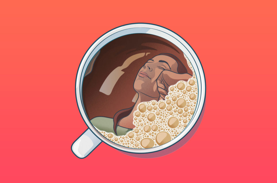 visual of a cup of coffee reflecting a sleepy woman