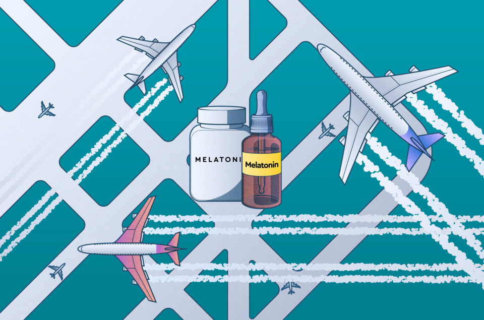 visual showing melatonin jars and planes (representing jet lag)